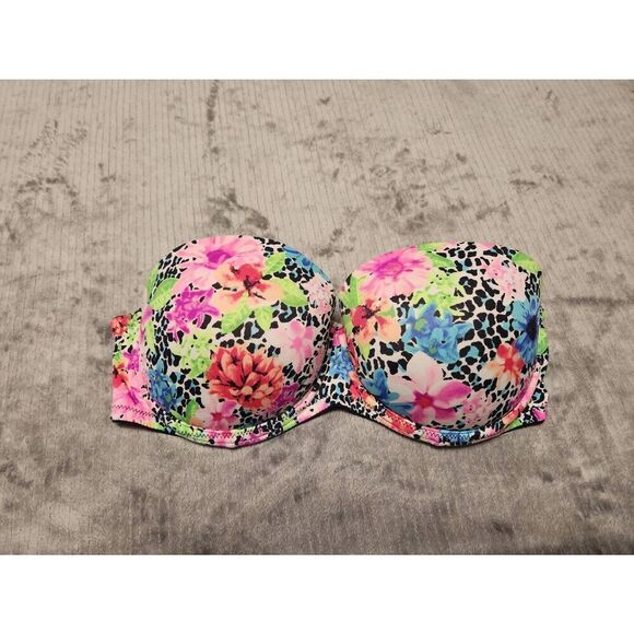 Victoria's Secret PINK Strapless Push Up Bra Size 34D Leopard Floral - Picture 1 of 4